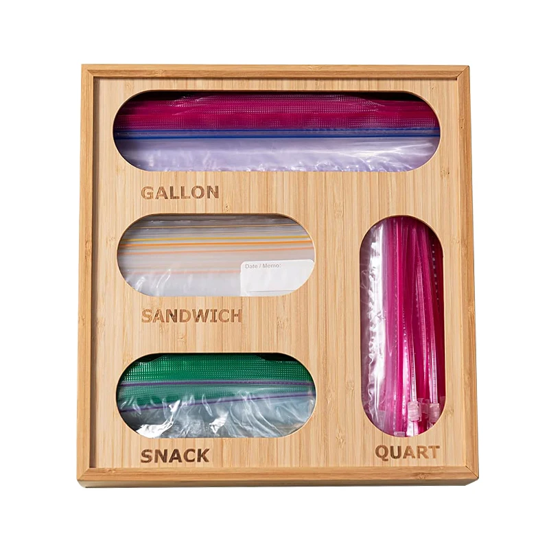 Bamboo Ziplock Storage Bag Organizer Kitchen Drawer Organizer Dispenser Plastic Bag Holder Suitable for Gallon, Quart, Sandwich