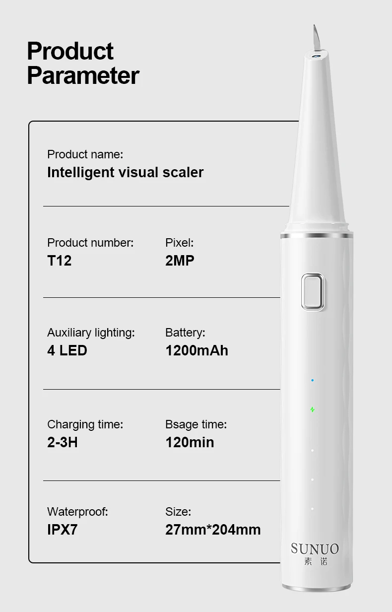 Sunuo T12 2021 New model wifi IPX7 42kHz visual ultrasonicelectric tooth dental calculus remover with camera