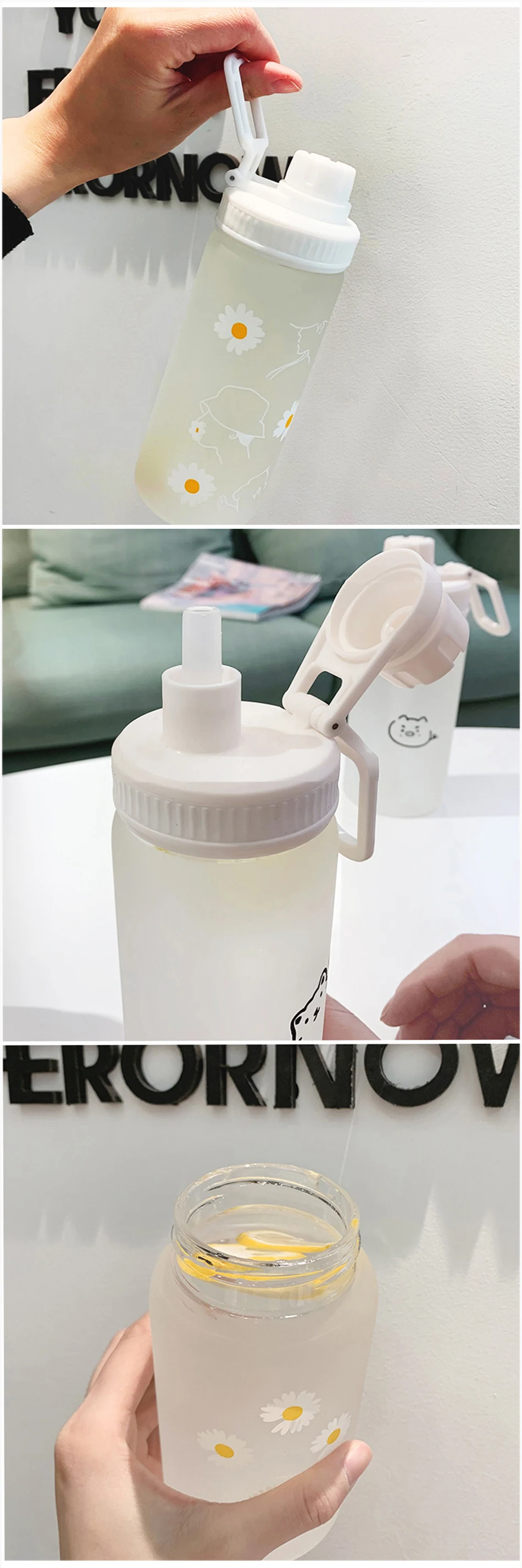 Cute Flower Daisy Straw with Scale Water Bottle Drinking Bottles Glass  Bottle Milk Juice Cup FROSTED C