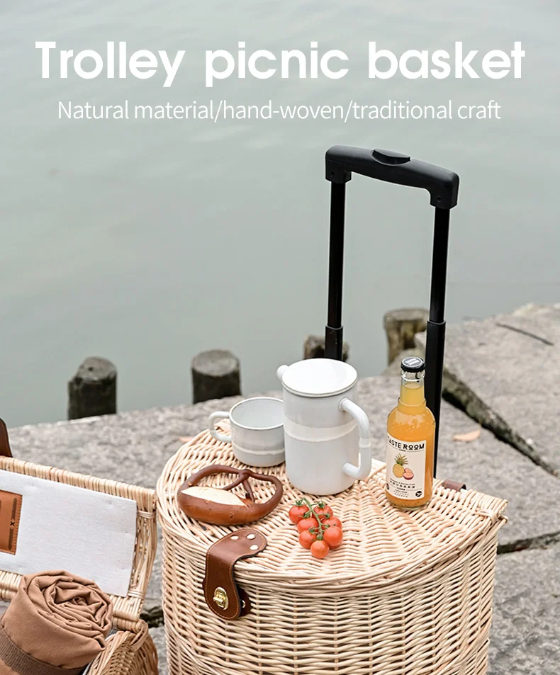 Factory Wholesale Semicircle Hand Woven Wicker Picnic Basket With Wheel