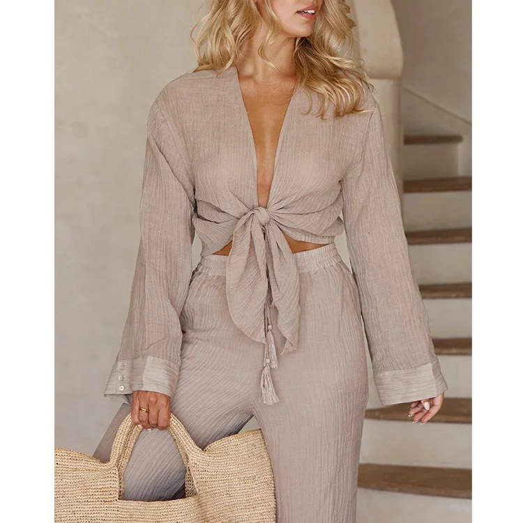 Crinkle Cotton Linen Shirt Tops Blouse 