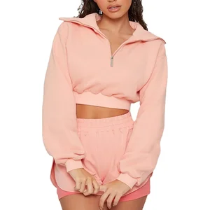 Fashionable Women Casual Crop Top Half Zipper 2 in 1 Shorts Workout Tracksuit