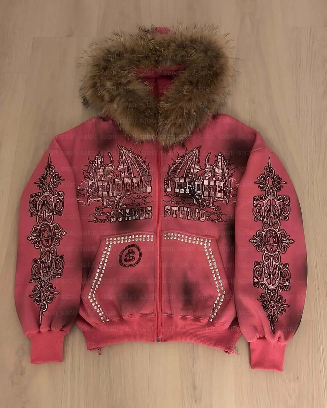 Salati Custom Cotton Stud Rivet Diamond Detachable Faux Fur Faded Effect Dirty Wash Zip up Rhinestone Unisex Men Hoodie With Fur gallery 10