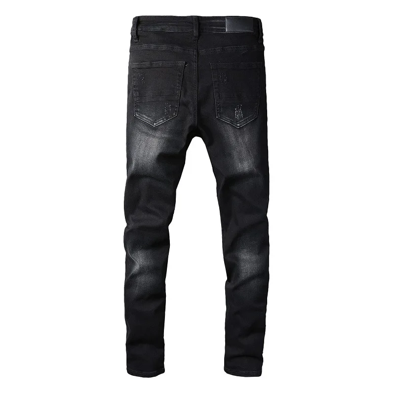 Hip Hop Vintage Straight Men's Jeans Skinny Streetwear Black Micro-Elastic Cotton Letters Print Tight-Fitting Style
