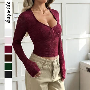Y2K Lace T Shirts Long Sleeved Sexy T-shirt Women's Top Short Tee Shirt