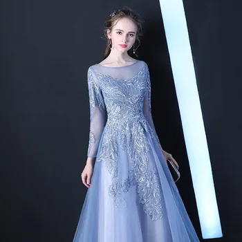 Long Sleeve Embroidered Lace Top Tulle Full Length A Line Elegant Celebration Meeting Stage Host Birthday Party Evening Gowns