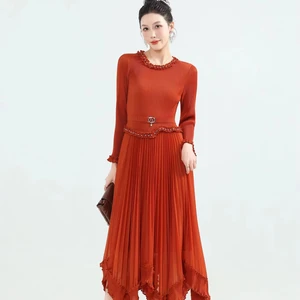 New Large-Sized Ruffled Decorative A-Line Midi Dress - a Pleated Waist-hugging Long-sleeved Dress Suitable for Women