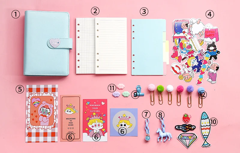 Kawaiiガールハートハードカバーノートセット6リングA6