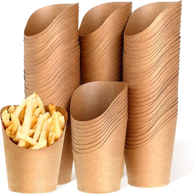 Accept Custom Order Disposable French Fries Holder Kraft Paper Container for Wedding Party Food Cones