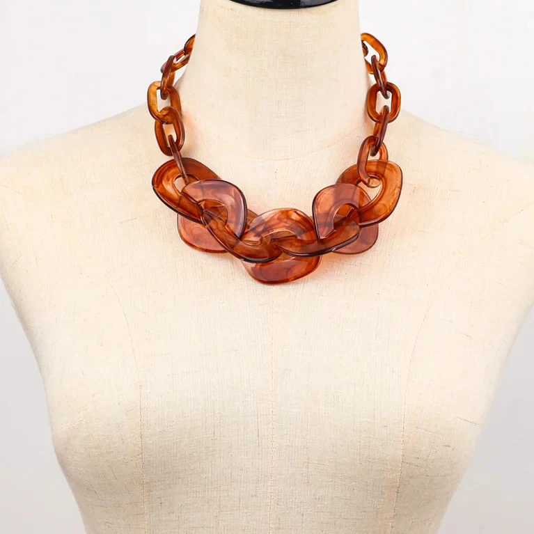 Bohemian New Exaggerated Resin Tortoiseshell Chain Collar Emerald Amber  Marble Natural Stone Chunky Choker Necklace for Women