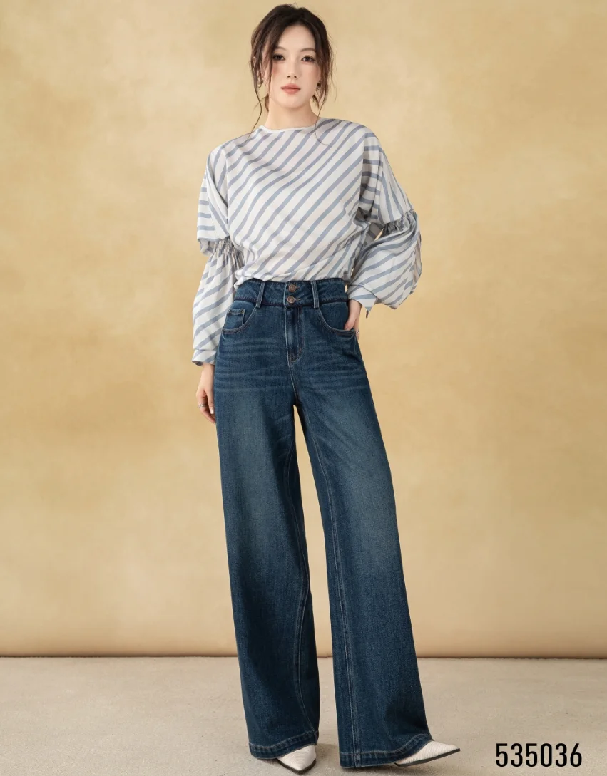 Women's High Waist Wide Leg Flare Pants with Long Sleeves Zipper Fly Closure Autumn Street Style Anti-Wrinkle Jeans