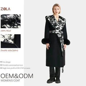 Custom Women's Oversized Woven Wool Furry Cuff Coat with Casual Hood Floral/Animal Print Long Black Overcoat for Winter