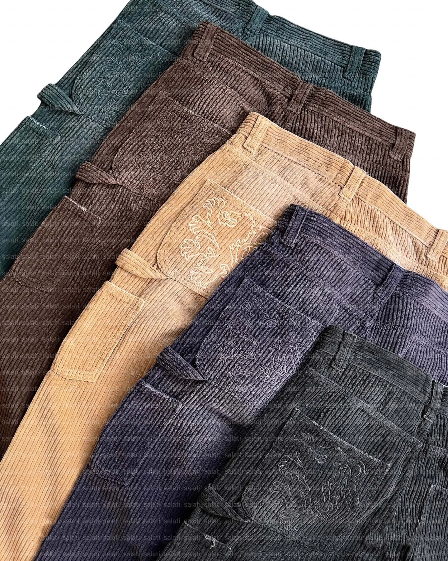 Salati Trouser Hombr Streetwear Sun Faded Acid Wash Oversized Corduroy Loose Wide Leg Double Knee Carpenter Baggy Cargo Pant Men gallery 4