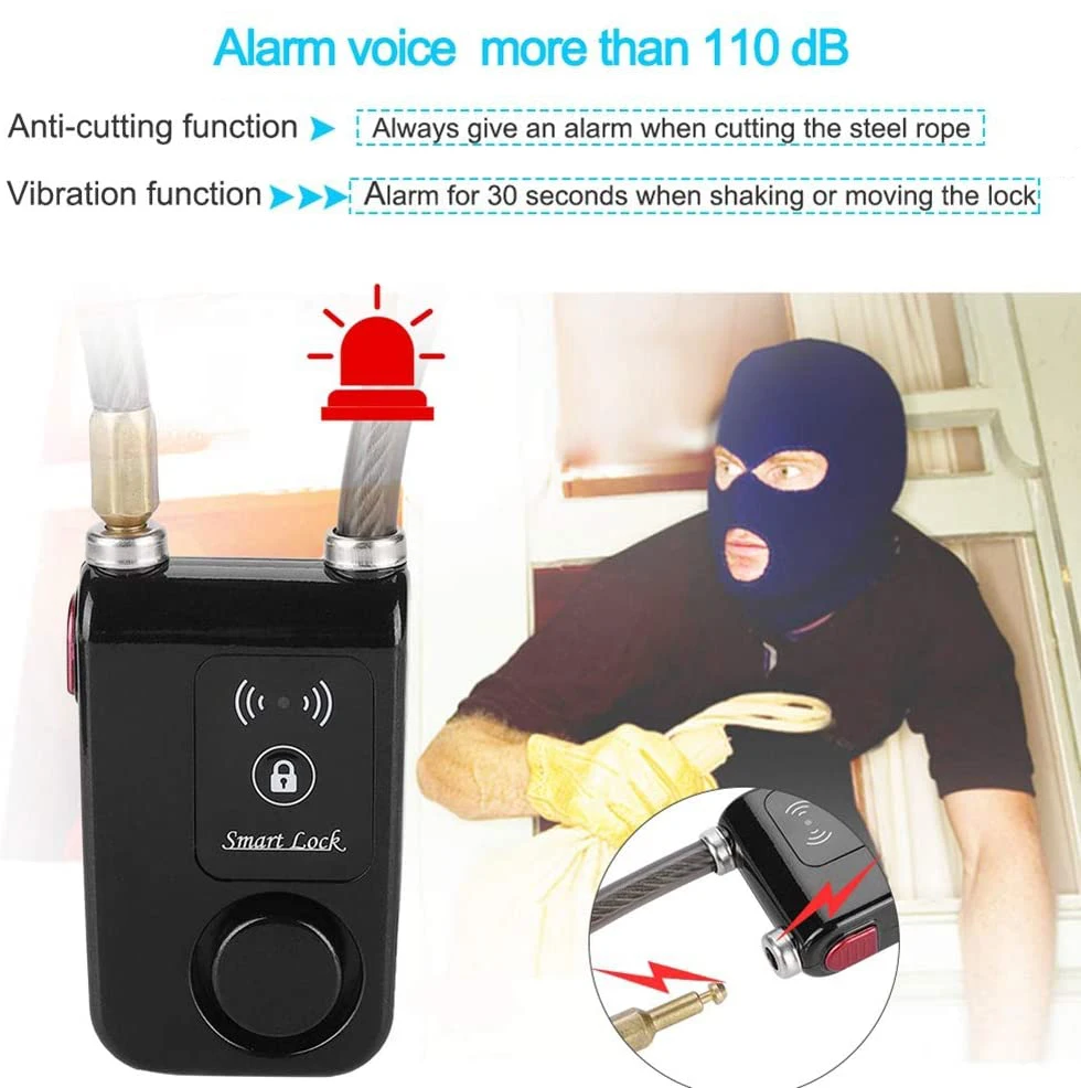 Keyless Steel Wire Smart Locks 110db Burglar Proof Alarm Waterproof SOLEBE Cable Bicycle Lock Anti-Theft