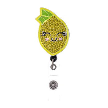 Custom Fruit Lemon Rhinestone Cartoon Retractable Metal Badge Reel With Alligator Clip For Hospital Worker Accessories