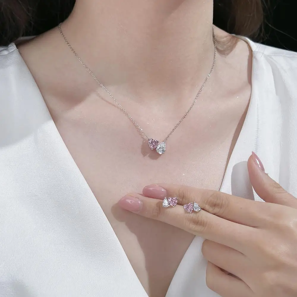 KAKODIY Women's Fine Jewelry 925 Sterling Silver Rhodium Plated Pink Heart Pendant with 5A Zircon Necklace detail 2