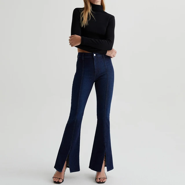 Custom High Waist Bootcut Women's Denim Jeans Dark Blue Comfort Stretch OEM with Breathable Feature Embroidery Tassel Decoration