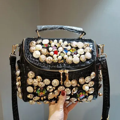 Rivet Rhinestone Bling crocodile Pattern Pearl Handbags Crossbody Evening Ladies Handmade Women Hand Bags Leather Luxury
