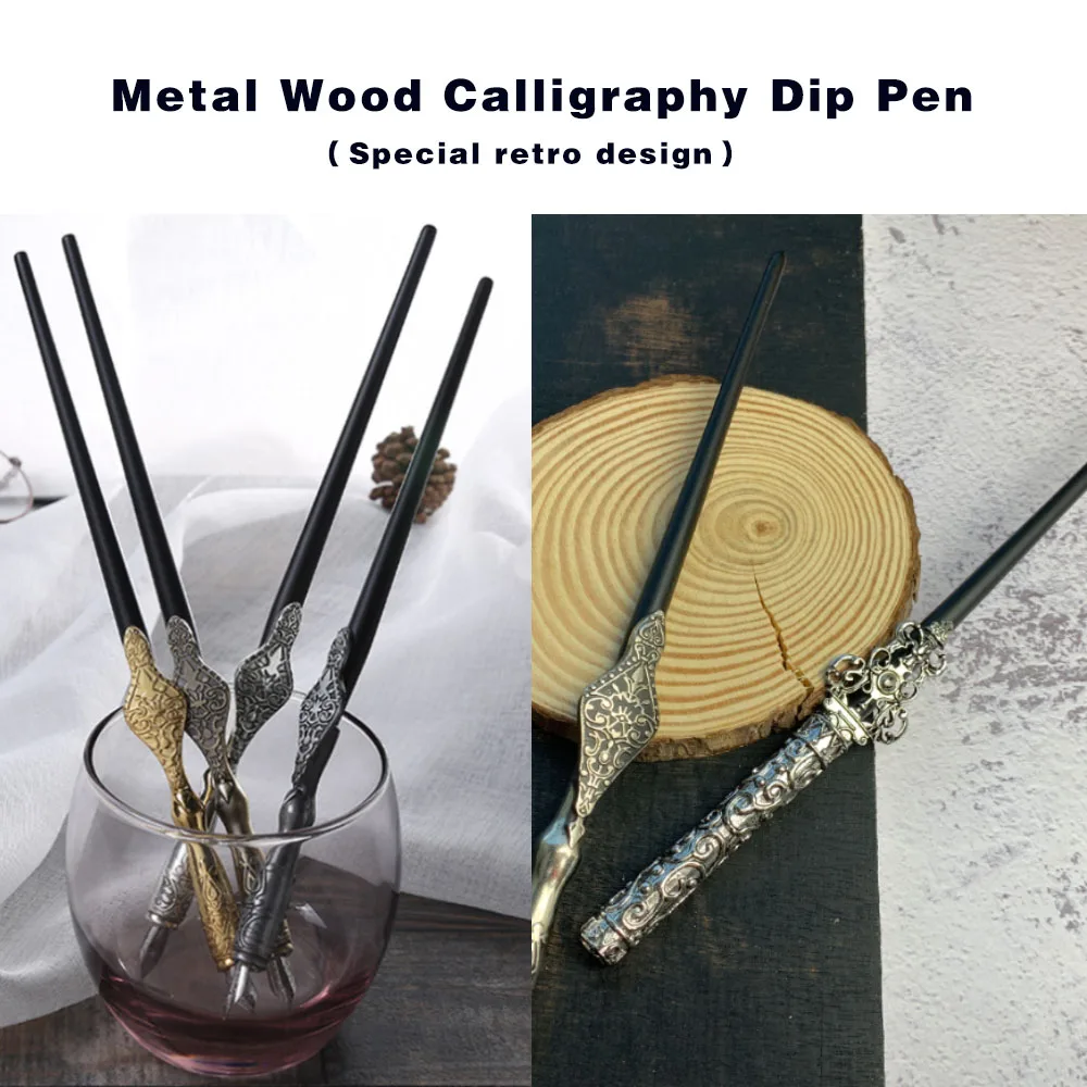 Retro Metal Carving Pen Barrel with Wood Calligraphy Dip Pen Holder for Calligraphy Word Art Pen-and-Ink Drawing Vintage Green