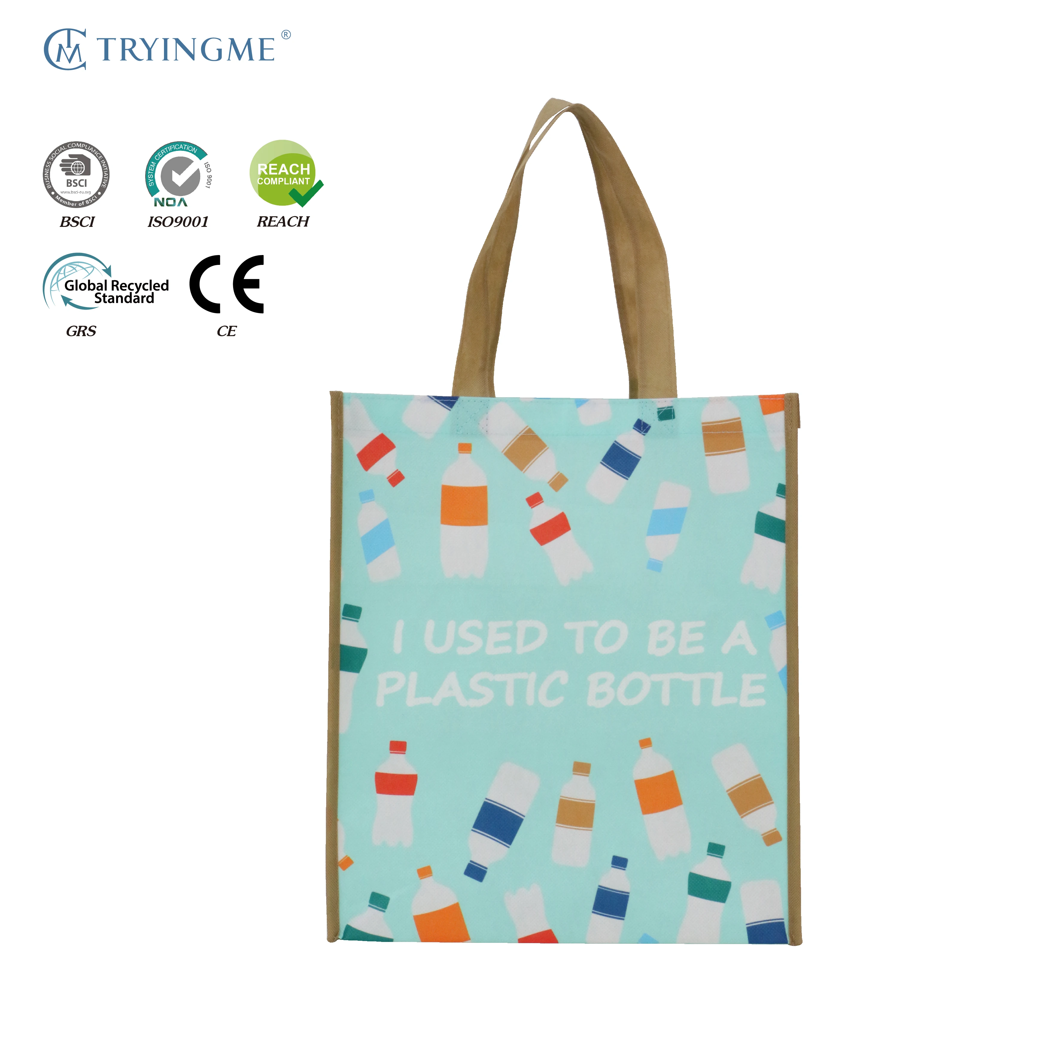 2026 New Medium Multifunction Waterproof Laminated RPET Reusable Shopping Folding Bag Shoulder Length Handle Custom