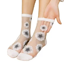 Summer New Fashion Sweet Thin Big Floral Women Transparent Socks Ladies Tube Silk Breathable