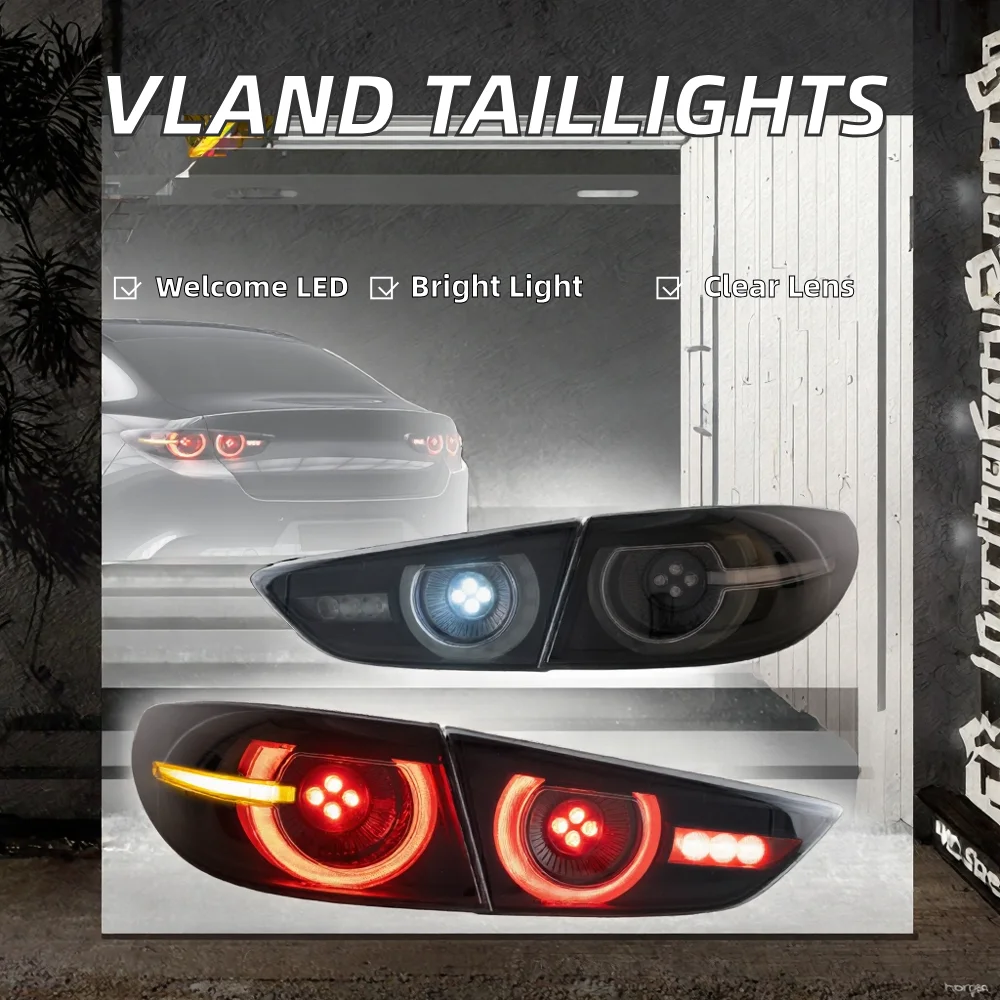 product vland new condition 12v dynamic welcome led tail lights clear lens red yellow for 2019 2023 mazda 3 axela sedan-3