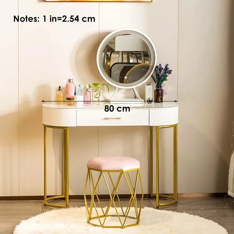 【メール】 ホット製品モダンベッドルームガールメイクアップバニティ引き出しドレッシングスツールチェアとゴールドledミラー付きテーブルセット