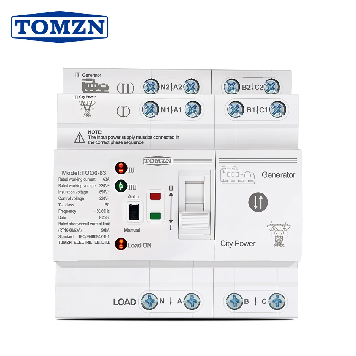 TOMZN Din Rail ATS L N 220V Small Dual Power Automatic Transfer Electrical Selector Switches Uninterrupted 4P 63A TOQ6