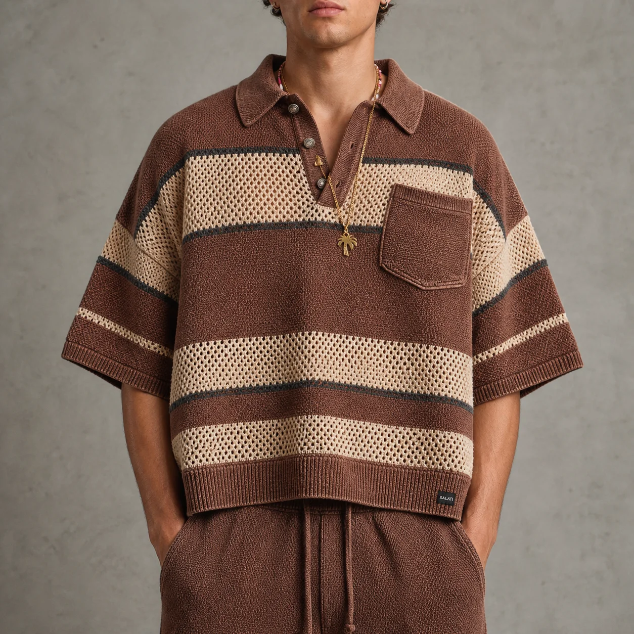 Wholesale Mens Two Piece Set Brown Striped Crochet Knit Polo Shirt Shorts Relaxed Summer Matching Apparel Men Casual Sets gallery 3