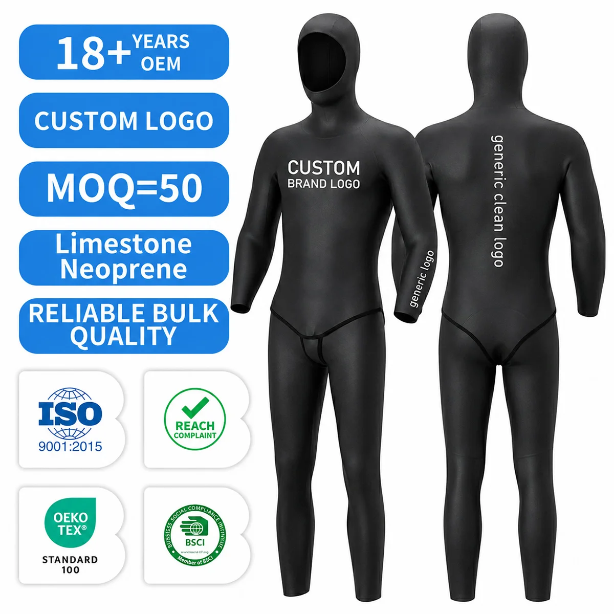 Custom Men Freediving Wetsuit Two-Piece Hooded Premium Neoprene Open Cell Glide Skin 3mm 5mm 7mm Cold Water Diving Suit for Men