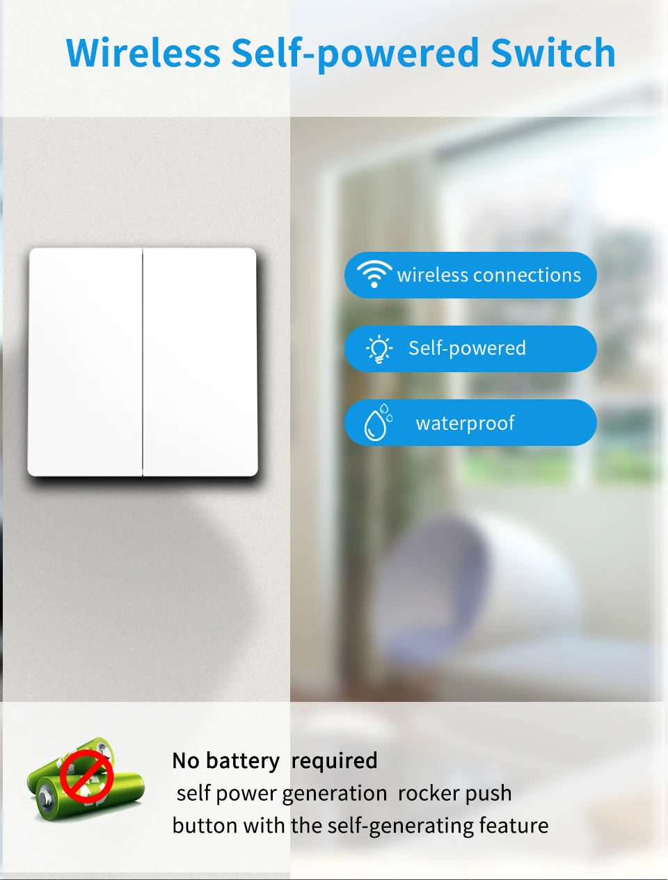 Factory Wholesale RF433 Smart WiFi Wireless Kinetic Switch No battery require Remote Control Switch Waterproof Wall Light Switch