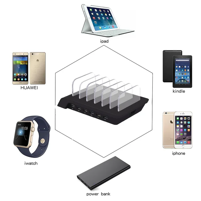 6 Port USB Fast Charger Station Saving Convenient Mobile Phone Charging Dock Wireless Charger Mobile Phone Tablet MP3