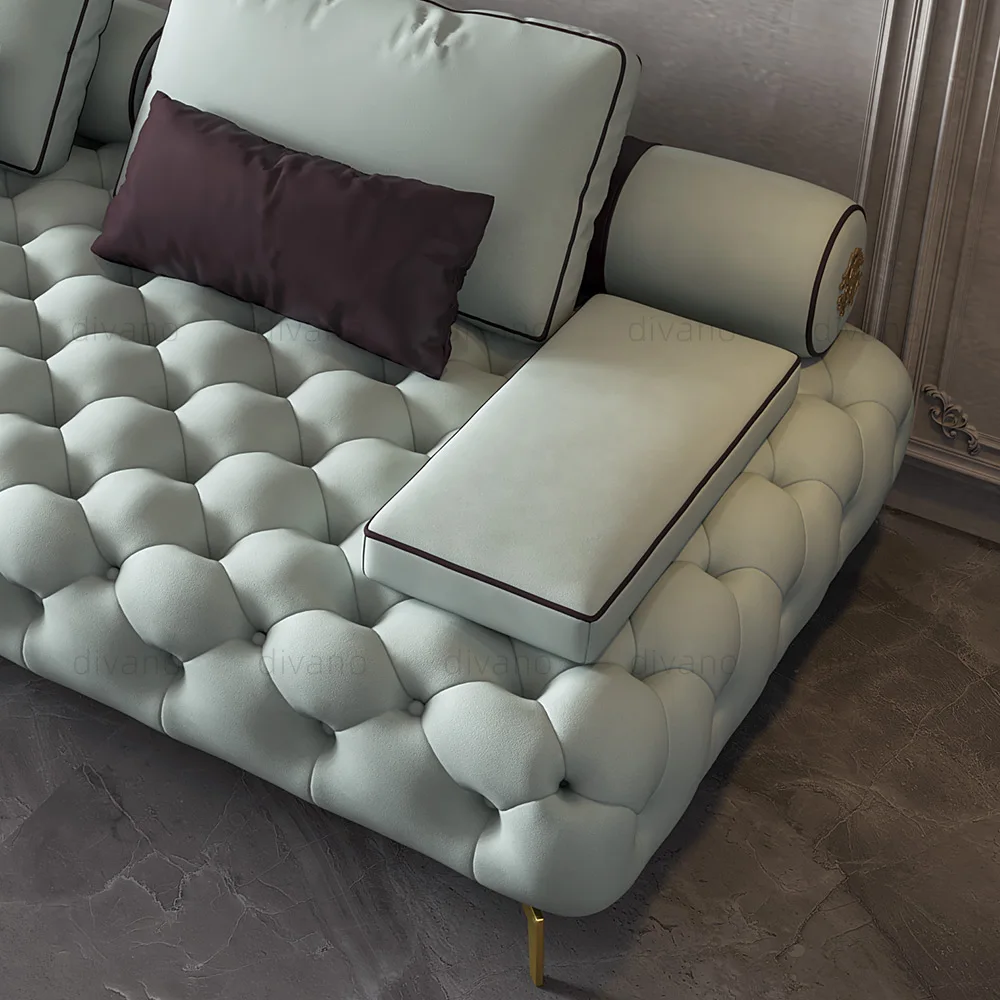 Leather Button Sofa 3 Seater Leather Set Genuine Light Blue Luxury Chesterfield Premium Sofa Set Furniture Living Room