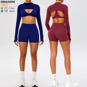 XW-TM0277Y-4 Hot Selling Women Lightweight Long Sleeve Top Breathable Workout Sports Bra Shorts 3 Piece Yoga Wear Set