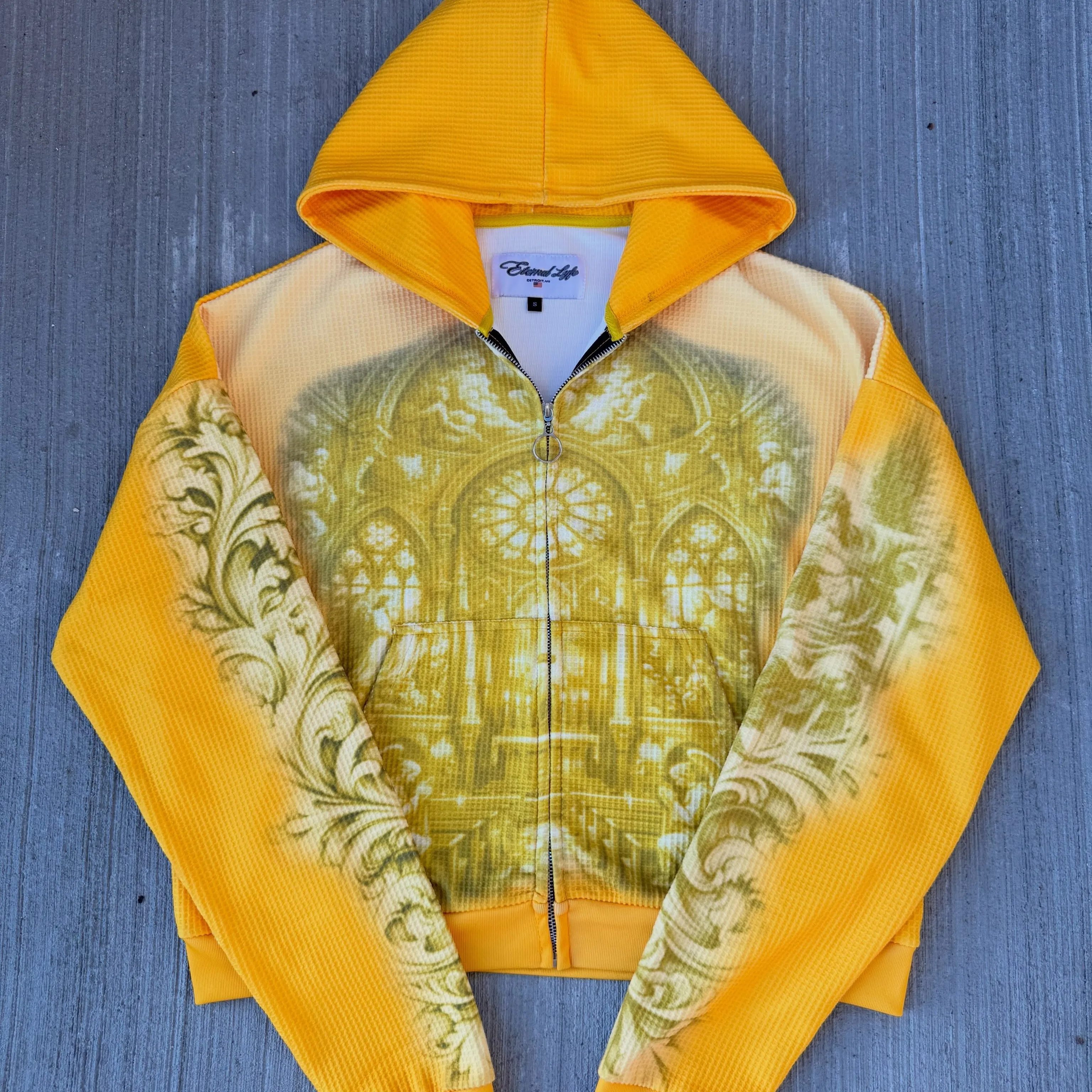 OEM ODM Custom Lined Winter Print Cotton French Terry Stripes Stitching Sun Fade Acid Washed Boxy Fit Zipper Hoodie Unisex gallery 2