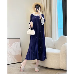 Women's Elegant Navy Blue Pleated Casual Dress with Pearl Detail & Ruffled Collar - Flared Sleeve Long Dress for Party