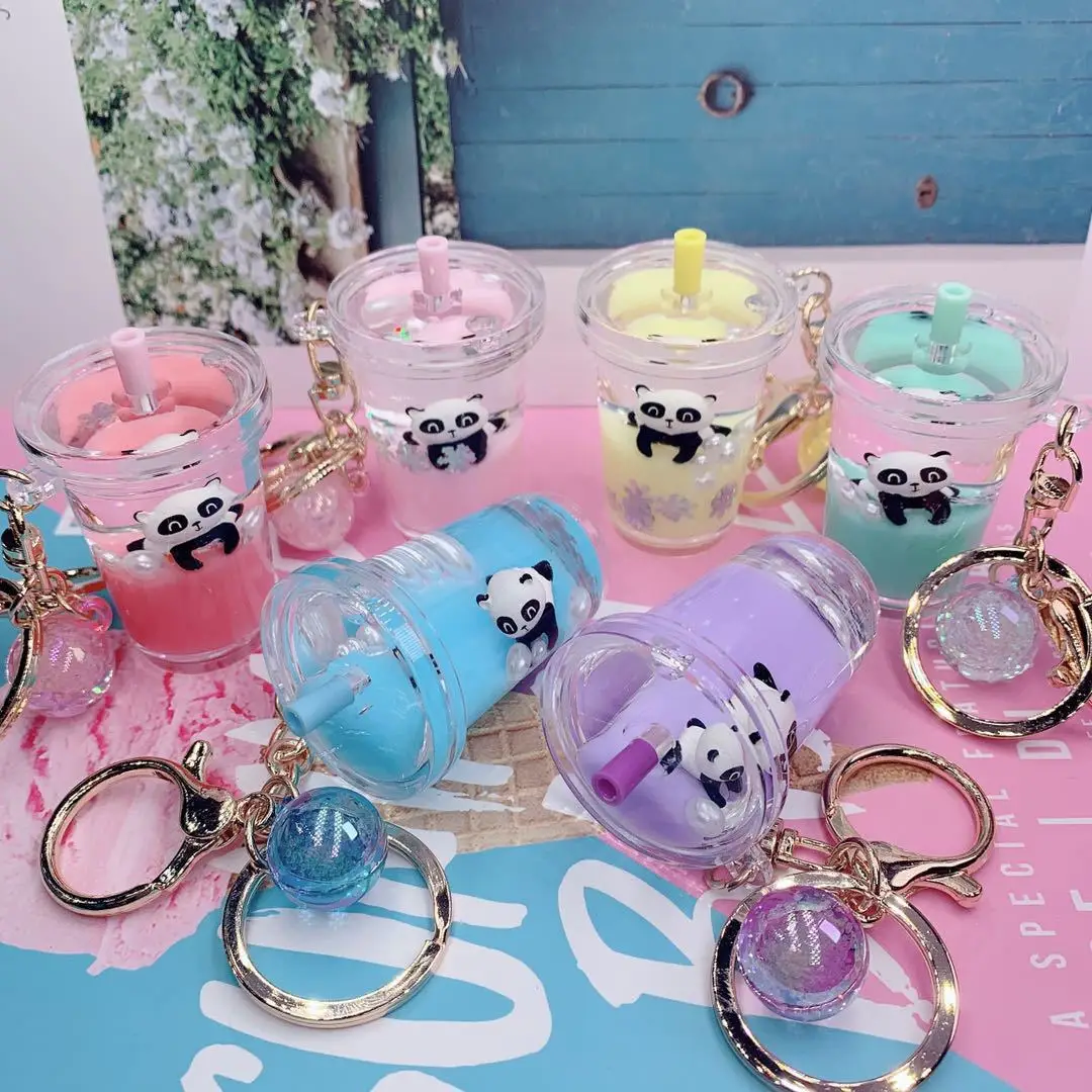 INS Girl Into Panda Floating Quicksand Liquid Milk Tea Cup Keychain Keyring Bag Pendant