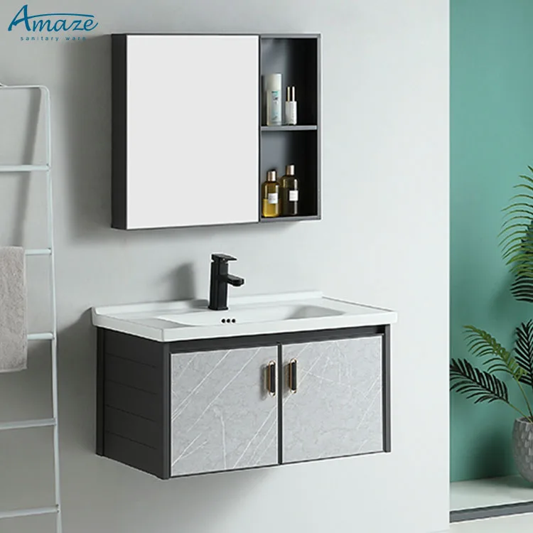 Modern hotel bathroom furniture aluminum cabinet single sink floating wall mounted mirror hanging bathroom vanity