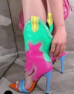 BUSY GIRL MY9506 Ladies Open Toe Stiletto High Heel Sandals Boots Color Matching Hot Diamond Sexy Hot Girl Plus Size Back Zipper