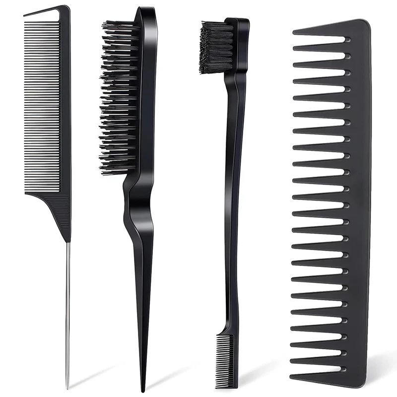 4Pcs Hair Brush and Comb Set Plastic Edge Brush Teasing Hair Brush Rat Tail Comb and Wide Tooth Comb for Men and Women