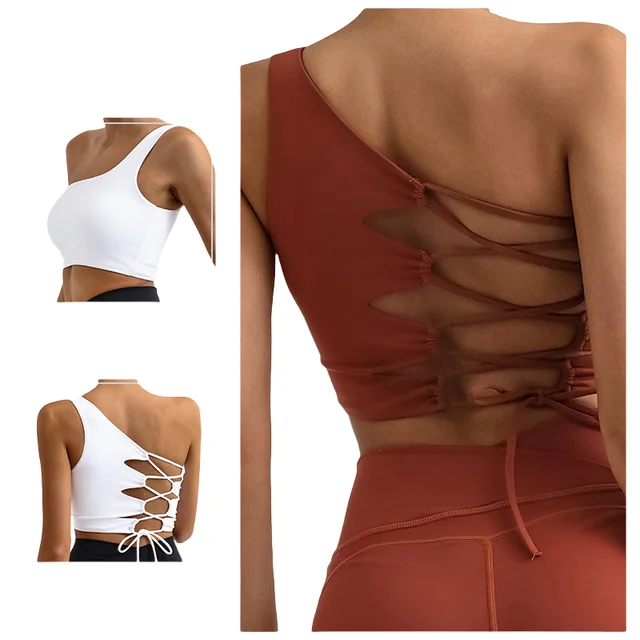 Fashion One Shoulder Push Up Workout Tops Bandage Design Gym Bra Quick Dry Compression Cropped Yoga Tank Tops With Pads