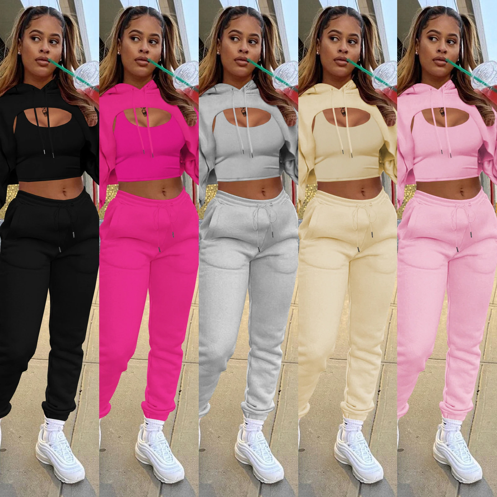 Sweatsuits for Womens 3 Piece Sports Outfits Fleece Hoodie Crop