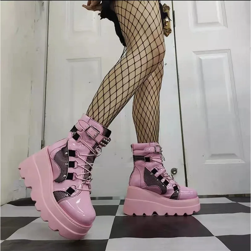 Dropshipping Black pink Punk Boots Women New Wedge Heels Ladies