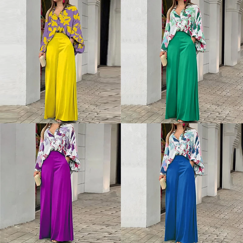 Women's Clothing Printed Casual Loose Batwing Sleeve Lapel Shirt and High Waisted Wide L aperçu 2