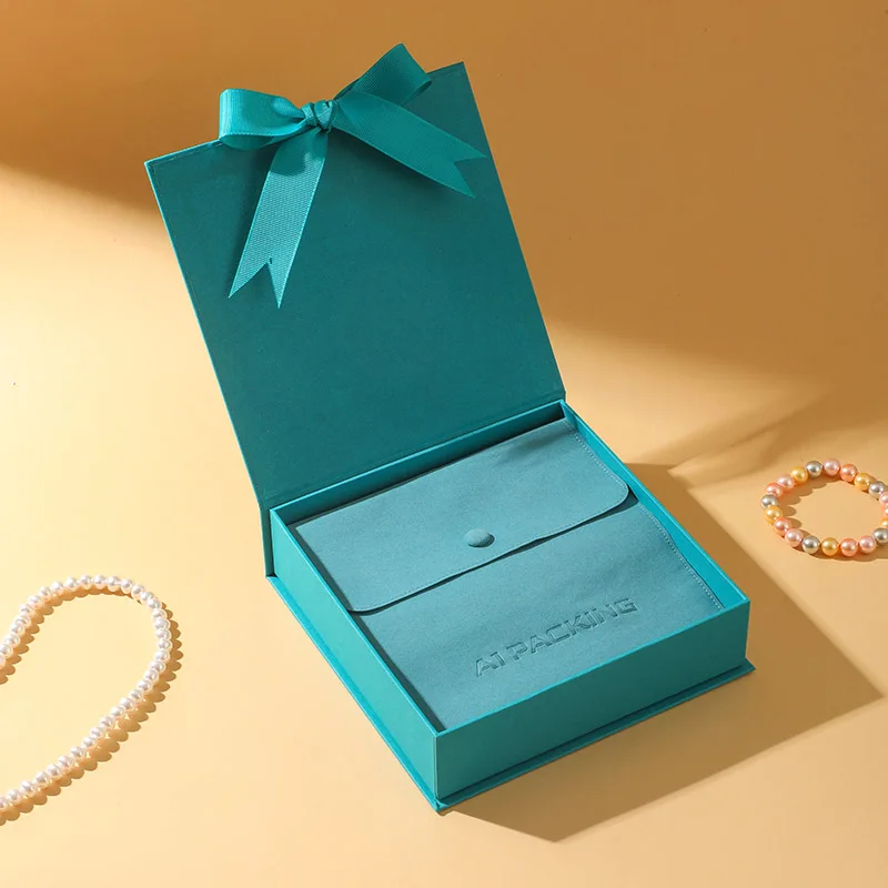 A1 Simple Luxury Square Jewelry Gift Box Set with Magnetic Snap Closure Blue Microfiber Bag for Popular Necklace Storage details
