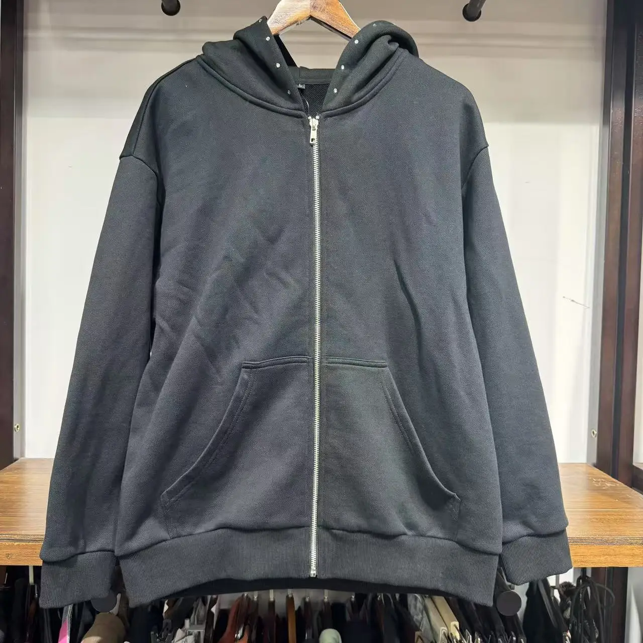 Streetwear Custom Heavyweight Cotton Stone Acid Wash All Over Printing Rhinestone Zip up Hoodie Jacket for Men gallery 2