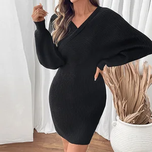 2025 New Women's Clothing Casual Simple Style V-Neck Batwing Sleeve High-Waisted Casual Dress Women's Sweater Dress