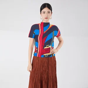 Women's Summer Fashion Miyake T-Shirt Casual Style Factory Wholesale Half Turtleneck Top Short Sleeve Loose Printed Stretch Top