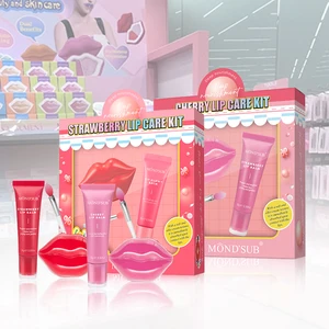 Korean Vegan Fruit Pink Lip Kit Moisturizing Sleeping Gel Glowy Lip Balm Mask Cherry Lip Care Set Private Label