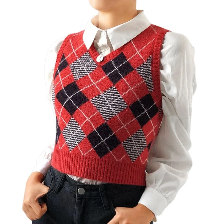 UG Summer Trendy V Neck Vintage Argyle Sweater Vest Women Sleeveless Plaid  Knitted Crop Blouse Sweaters Vest